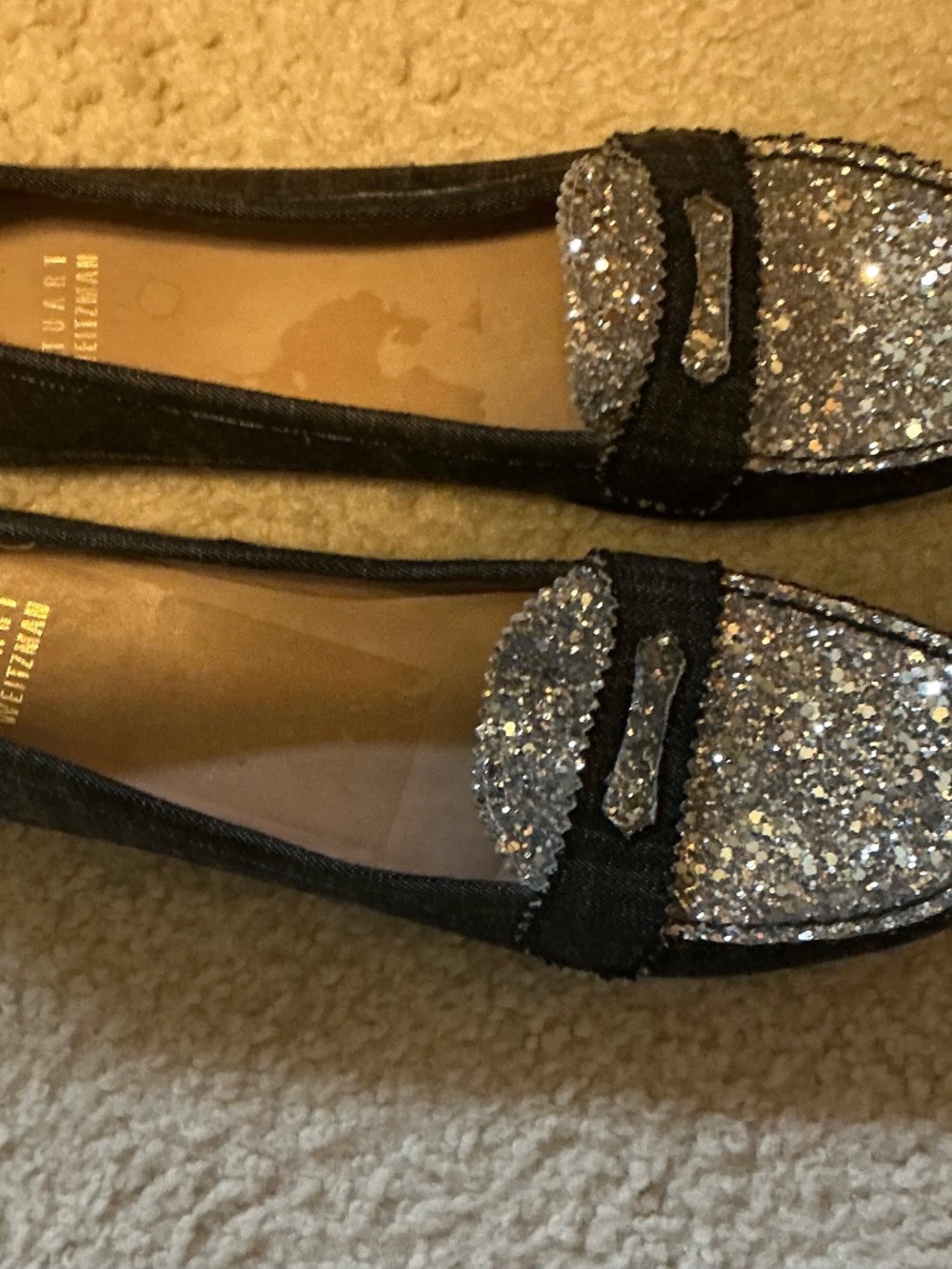 Stuart Weitzman Denim Glitter Penny Loafers Smoking Flats 8.5N